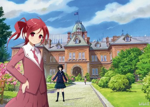 Pausing before a red-brick building
