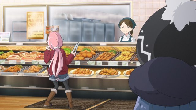 Nadeshiko choosing fried chicken at the supermarket deli