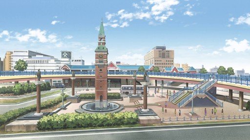 Plaza with bronze statue and fountain