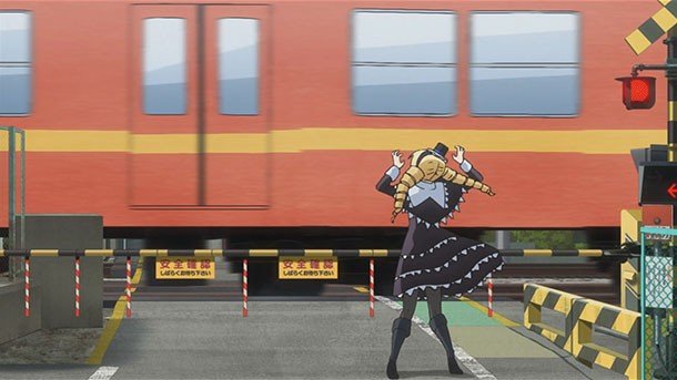 Retro-style train at a crossing