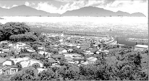Distant view of Okiura town