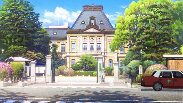 Crossroad in front of a red-brick tower building