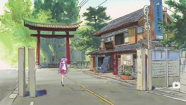 Hiiragi sisters walking past shrine torii