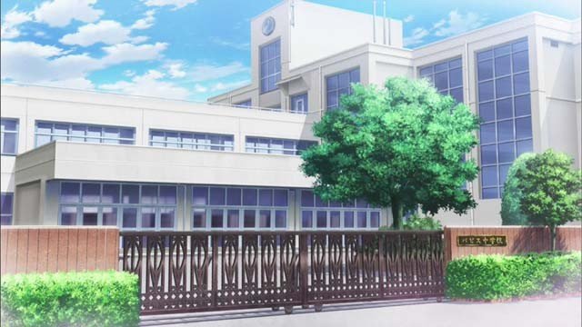 The main gate of the school the protagonists attend