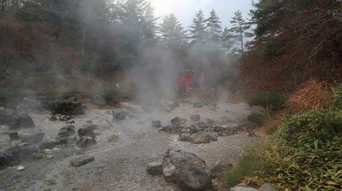 In front of a shrine in Kusatsu Onsen