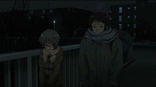 Kyon running across the arch bridge