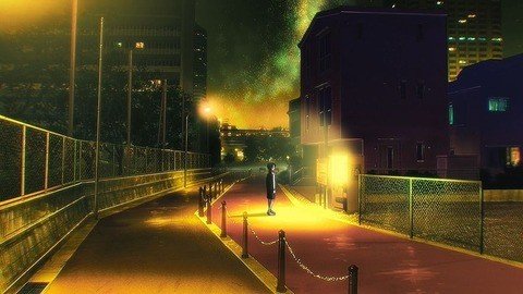The road along the elementary school wall where the night-strolling boy and vampire girl pass