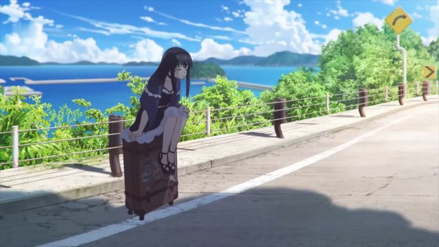 鴎がスーツケースに座る
