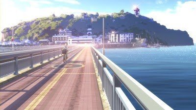 和奏が海岸沿いを自転車で走る