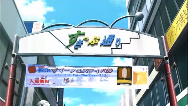 Joshiraku characters strolling on the shopping street