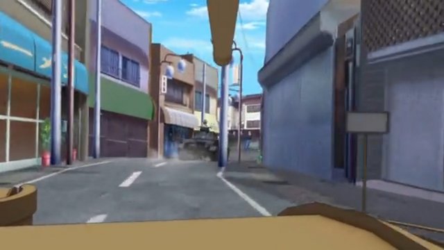High-speed tank pass in front of a tofu shop