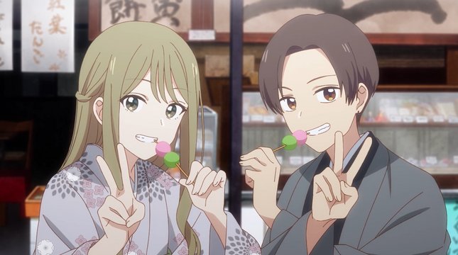 Conversation in front of a Japanese sweets shop