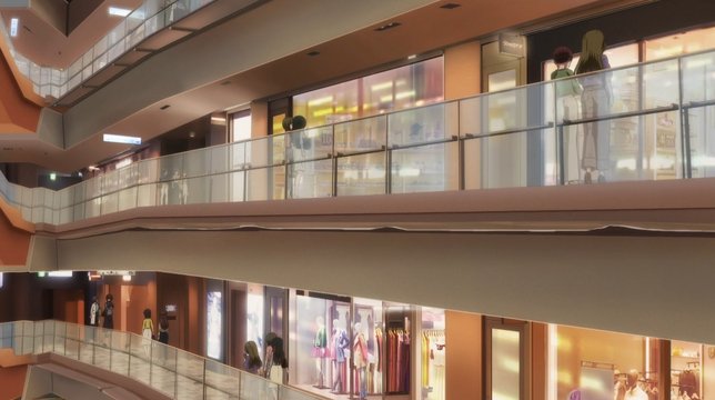Scene at a spiral-shaped fashion shopping center