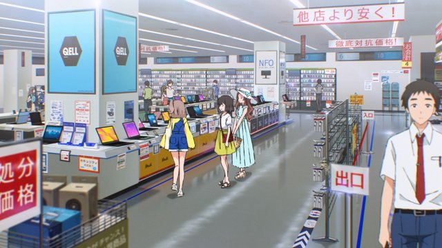 Conversation in front of a large electronics store