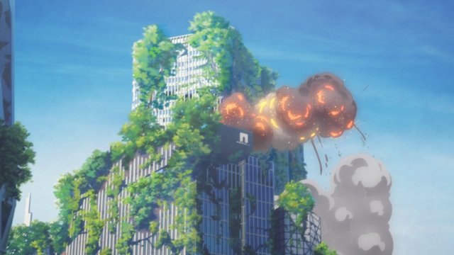 噴水とガラスタワーの広場