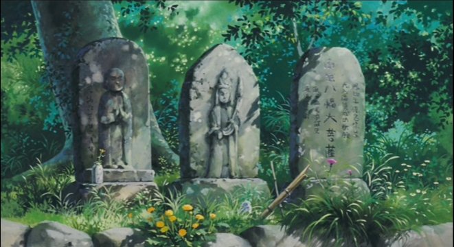 Jizo statue and safflower field