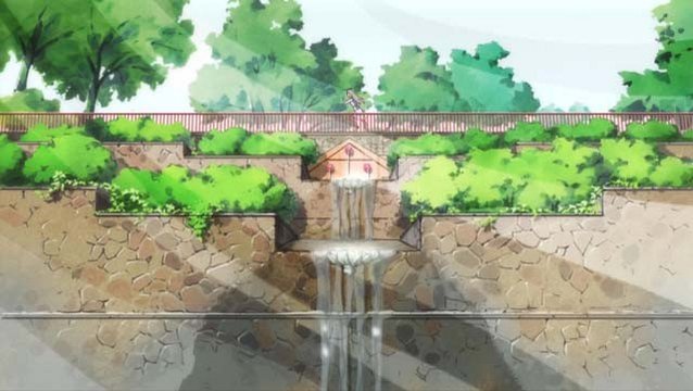 Conversation in front of the stepped waterfall at Rekisen Park