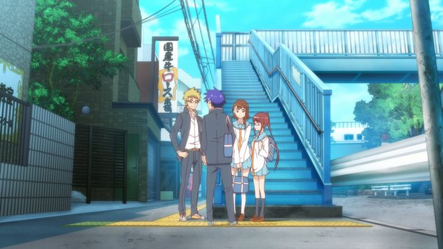 Five characters on a pedestrian overpass